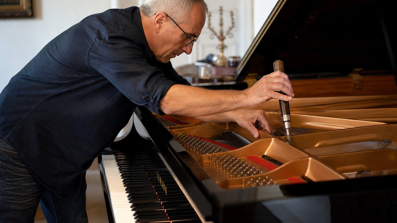 Technicien accordeur ajustant la mécanique d'un piano à queue ouvert en atelier