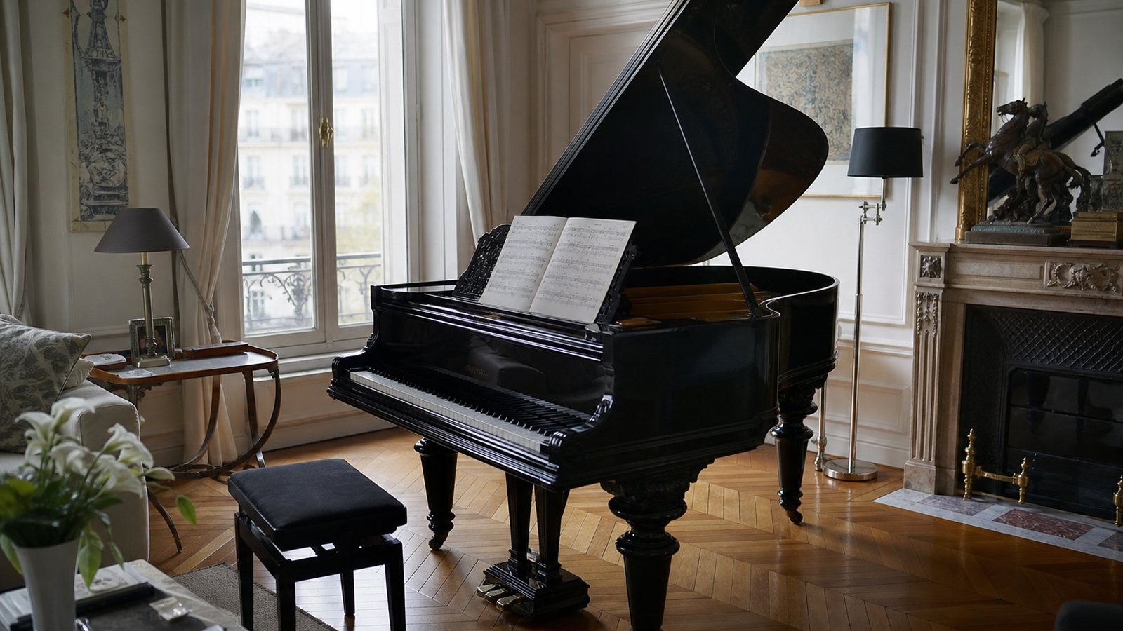 Piano à queue noir laqué ouvert dans un salon contemporain baigné de lumière naturelle