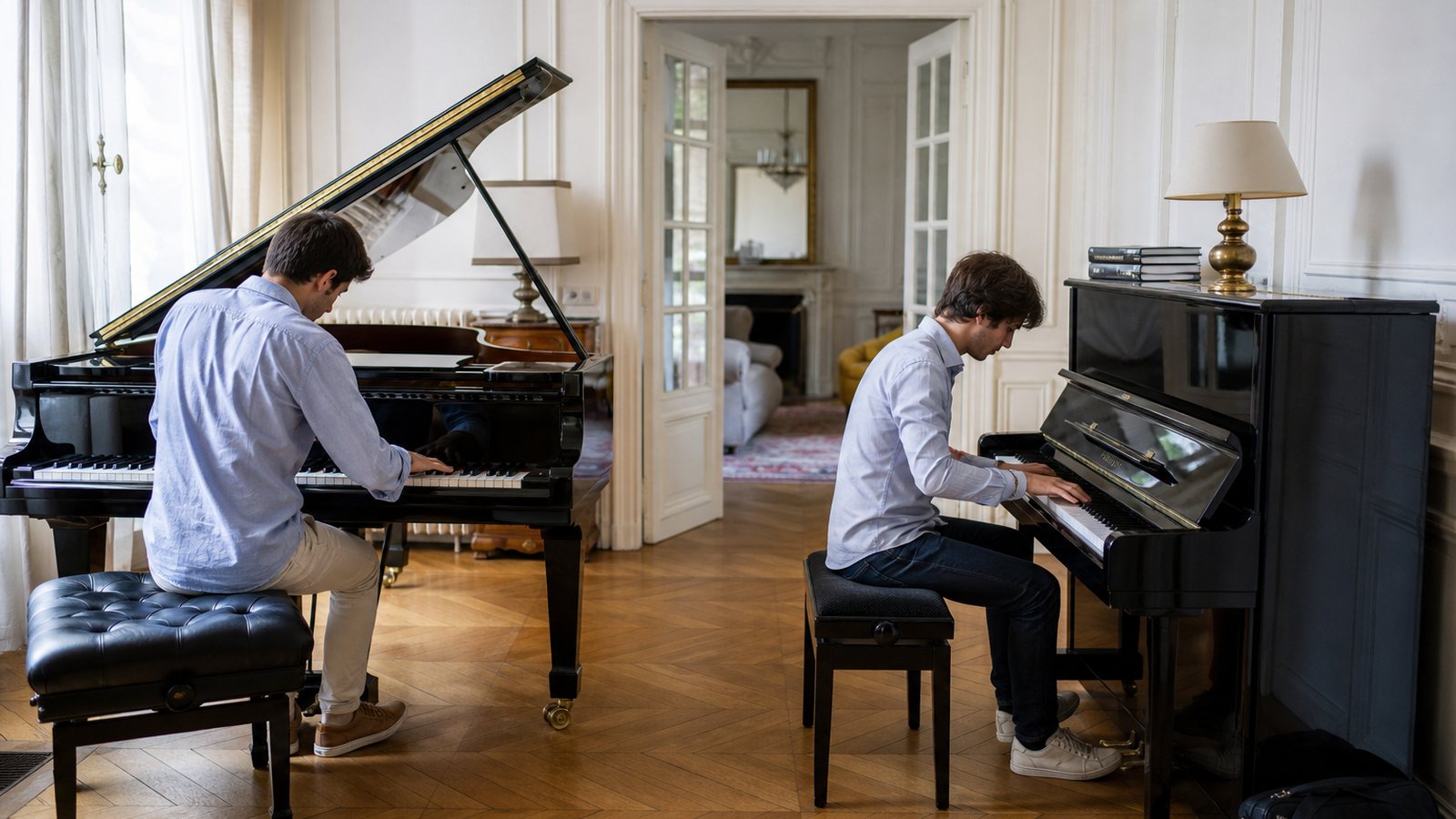 Piano à queue au couvercle ouvert révélant cordes et table d'harmonie près d'un piano droit