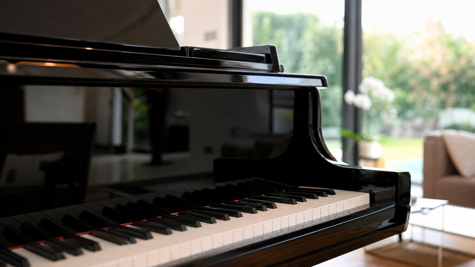 Laque noire polie et placage de noyer sur la caisse d'un piano à queue de salon