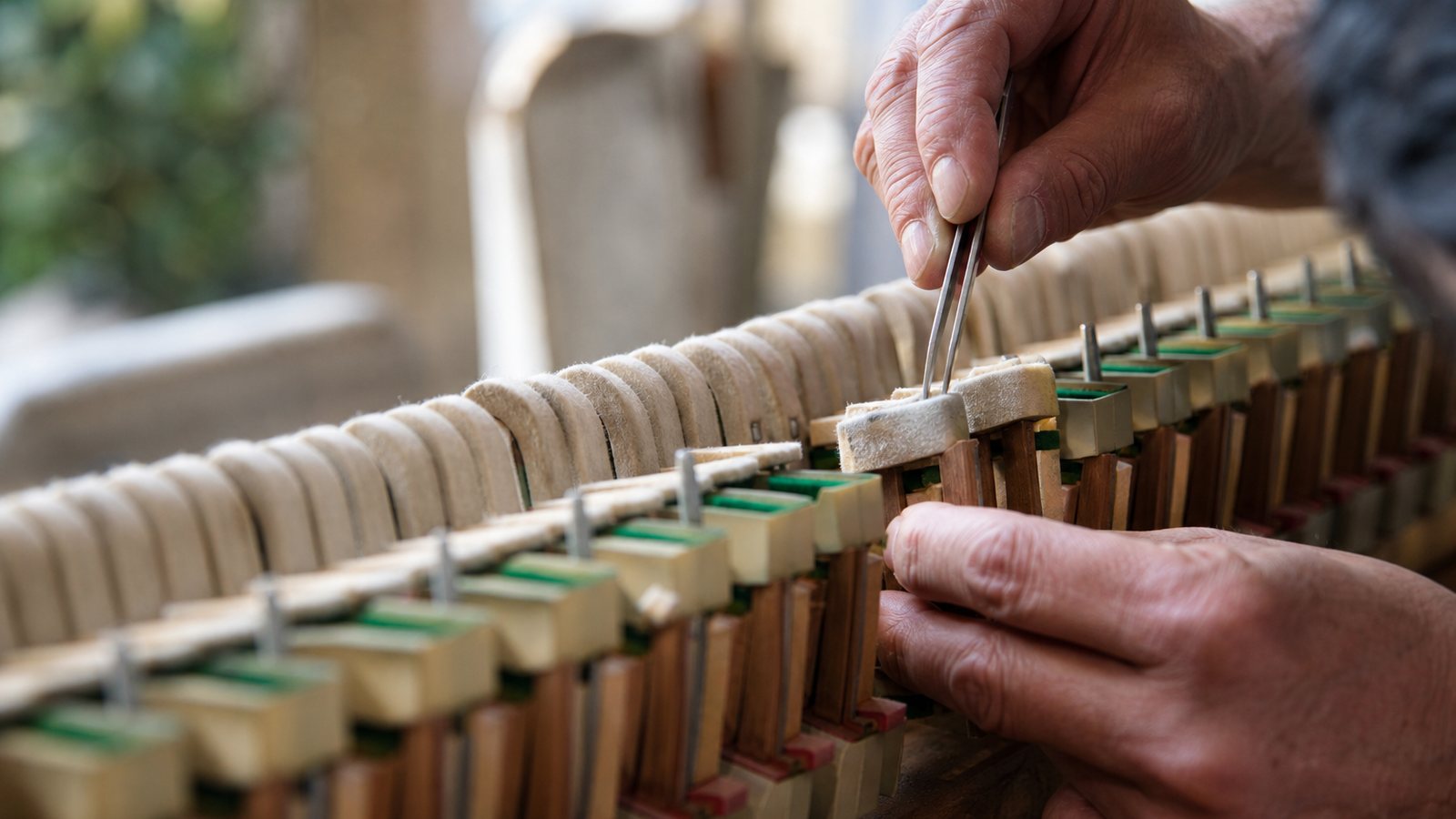 Marteaux feutrés alignés d'un piano à queue lors d'une séance d'harmonisation en atelier