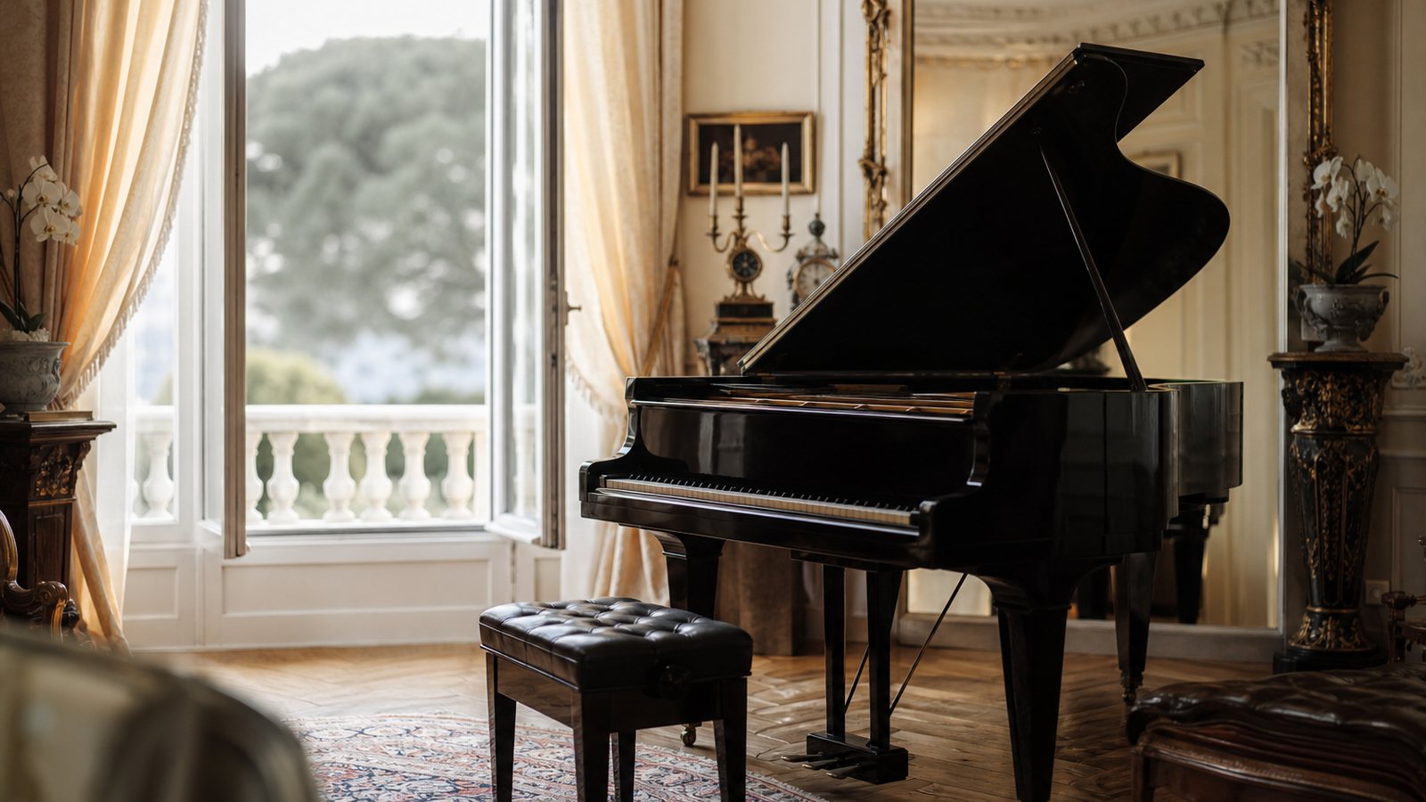 Piano à queue placé près d'une fenêtre dans un salon élégant au parquet clair