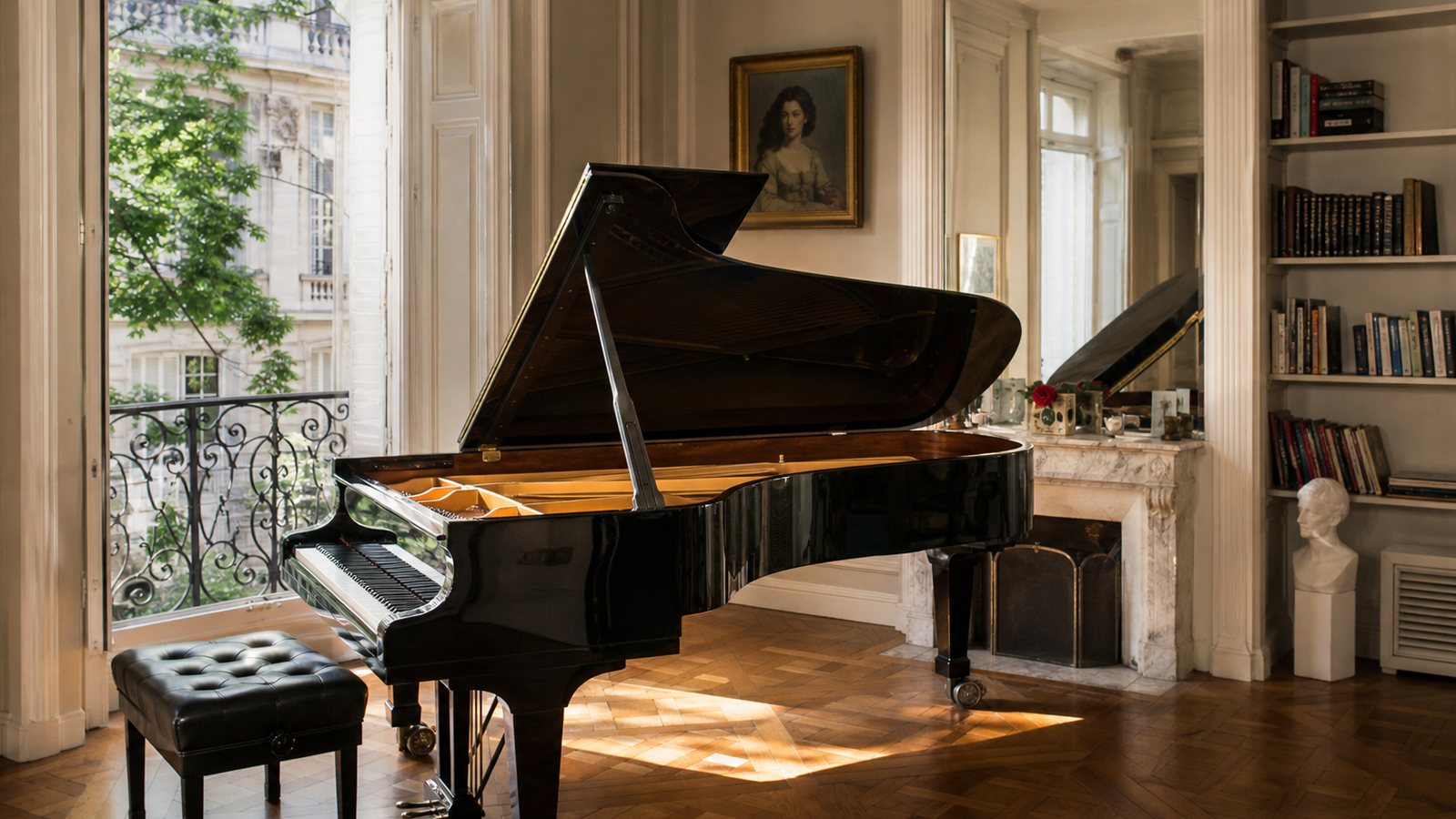 Piano à queue haut de gamme à la laque profonde exposé dans un atelier feutré